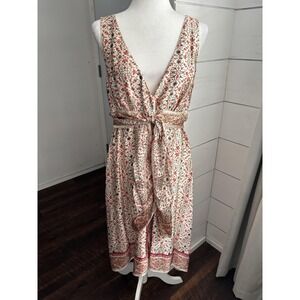 Studio M Dress Women Medium Ivory 100% Silk Floral Tie Waist Boho Midi Beautiful